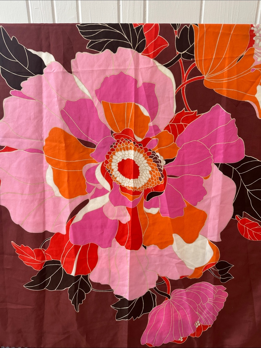 Large Bold Floral Fringe Scarf in Brown, Pink & Orange 63 inches long - Picture 5 of 5